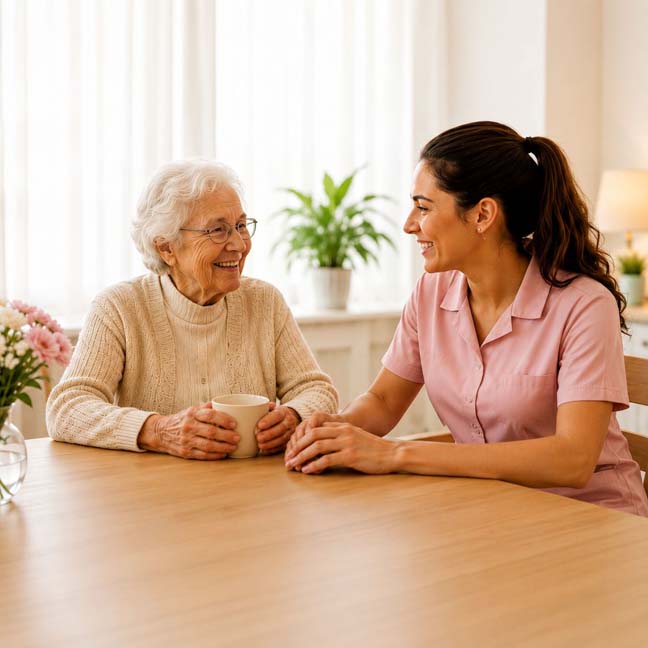 Zorgverlener en cliënt in gesprek aan de keukentafel