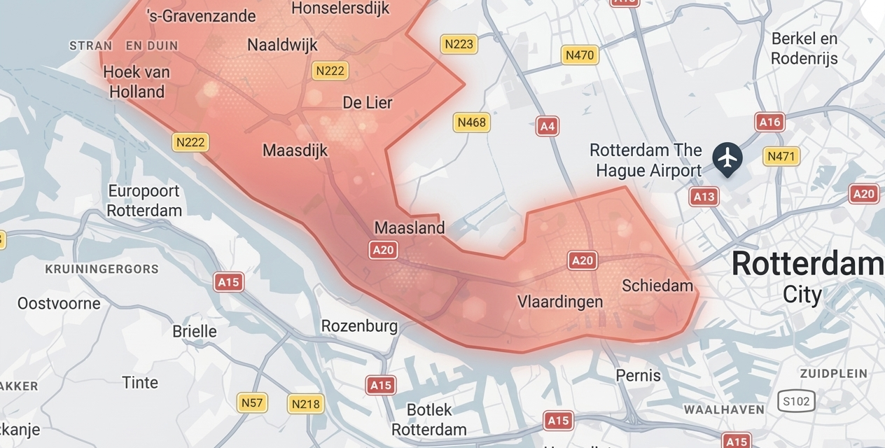 Kaart met werkgebied: Westland, Maasland, Maassluis, Vlaardingen en Schiedam
